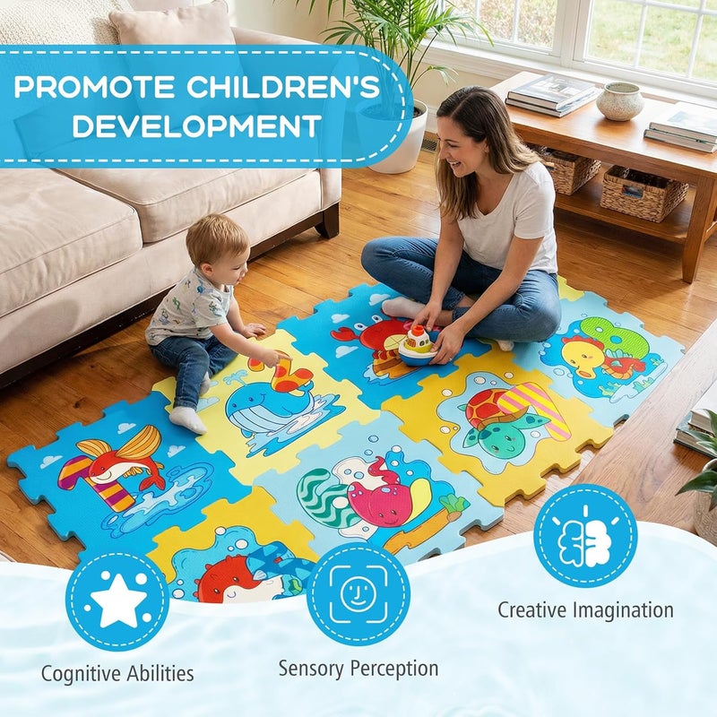 GLACER Kids Foam Puzzle Play Mat, 8-Piece Interlocking Baby Floor Puzzle Tiles w/Educational Animal Patterns, Non-Slip Waterproof Foam Crawling Mat for Toddler Playroom (Ocean Life Pattern) - Image 2