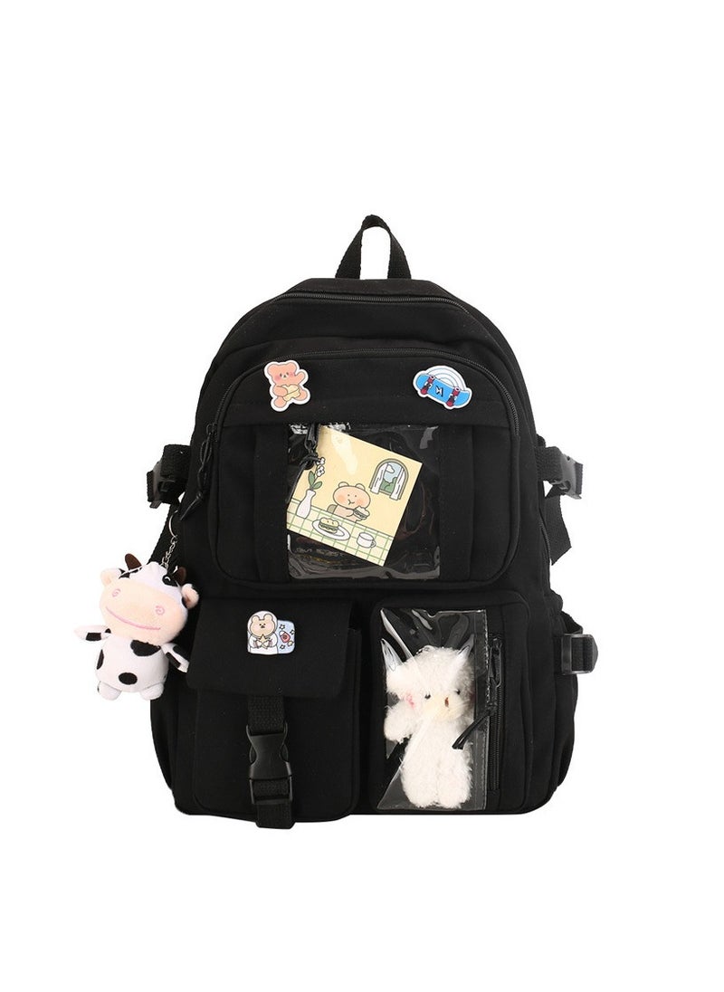 ILovhaprty Kawaii Backpack with Pins Kawaii School Backpack Cute Aesthetic Backpack Cute Kawaii Backpack for School (Black, With Accessories)  - Image 1