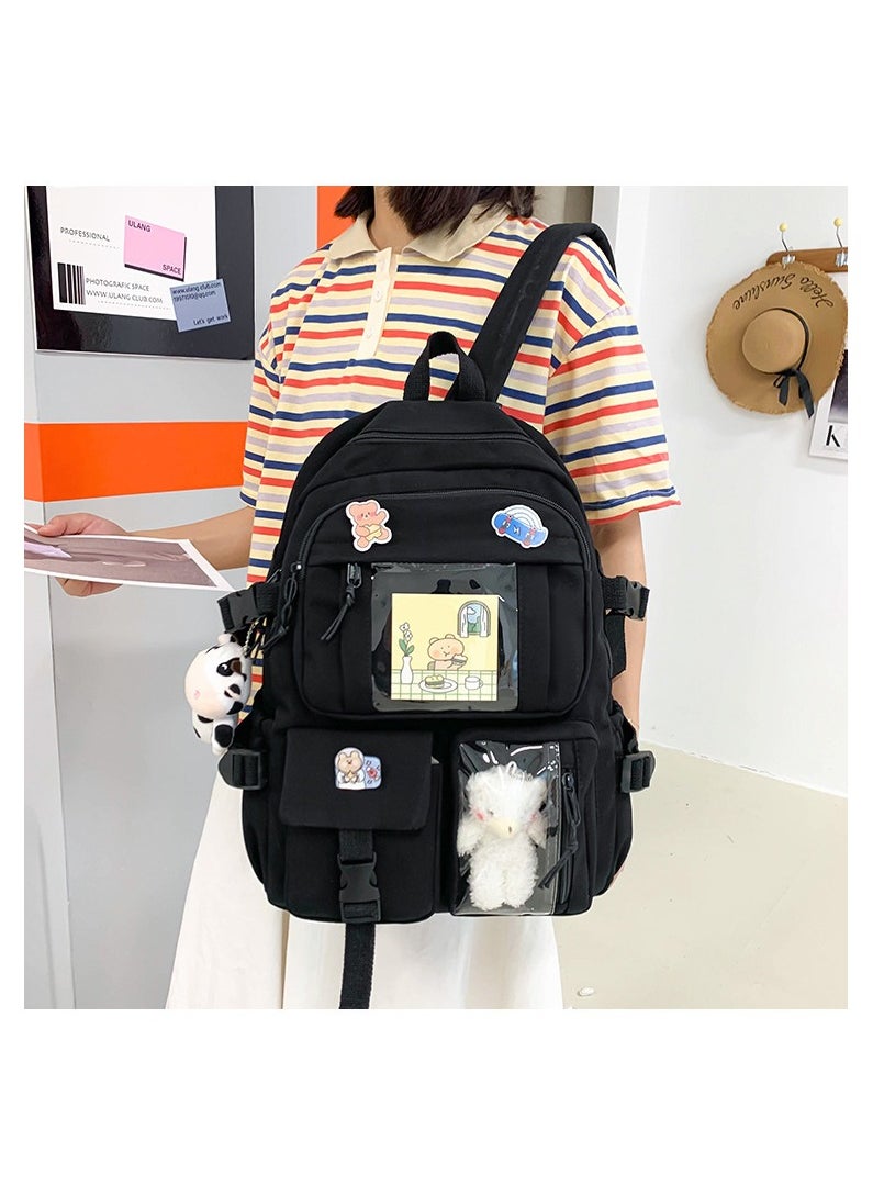 ILovhaprty Kawaii Backpack with Pins Kawaii School Backpack Cute Aesthetic Backpack Cute Kawaii Backpack for School (Black, With Accessories)  - Image 2