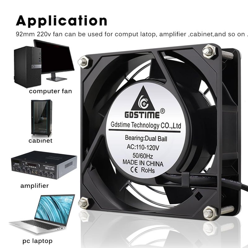 GDSTIME 230 V Fan 92 mm AC 92 x 25 mm 220 V Fan Dual Ball Bearing Axial Fan - Image 3