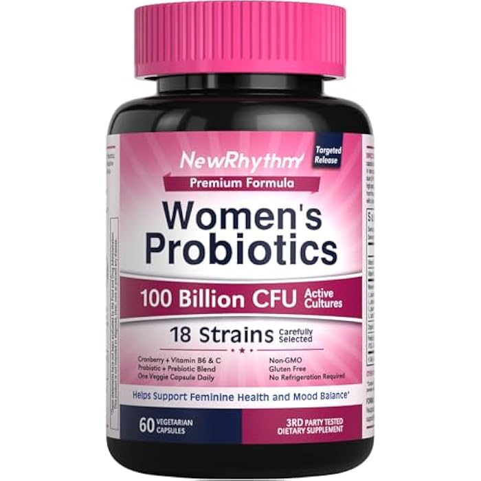 NewRhythm Probiotics for Women, P-5-P, Vitamin C & Organic Cranberry, 100 Billion CFU 18 Strains, Prebiotics & Vaginal Probiotics for Digestive Health & PH Balance, 60 Capsules, No Dairy - Image 1