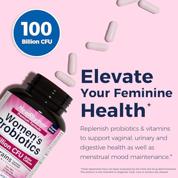 NewRhythm Probiotics for Women, P-5-P, Vitamin C & Organic Cranberry, 100 Billion CFU 18 Strains, Prebiotics & Vaginal Probiotics for Digestive Health & PH Balance, 60 Capsules, No Dairy - Image 2