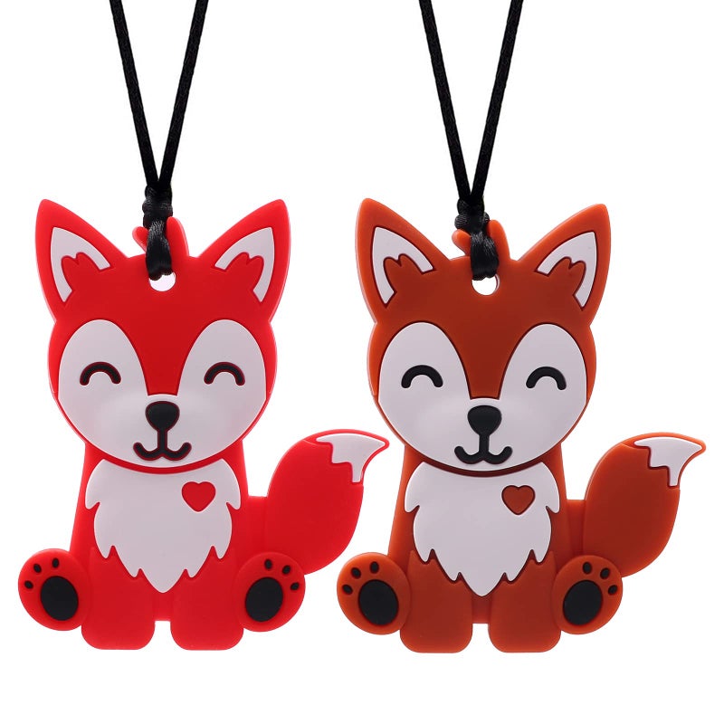 Chew Necklaces for Sensory Kids Boys and Girls 2 Pack Fox Silicone Chewy Necklace for Autism ADHD SPD Chewy Oral Motor Chewing Toy for Adults