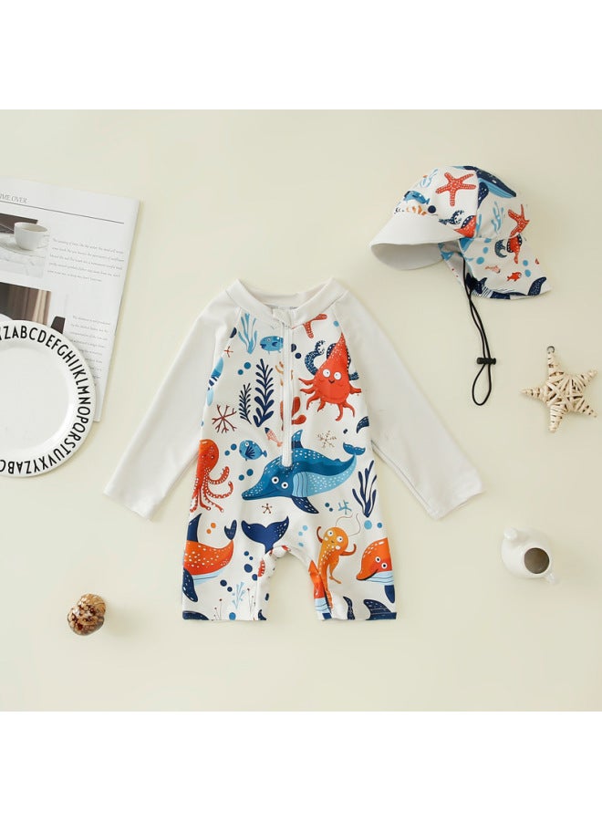 Generic Children's Clothing Boy's Full-print One-piece Swimsuit Boy's Baby's Half-open One-piece Swimsuit Children's Swimsuit Hat-Color:Off-white Whale-Size:100  - Image 1