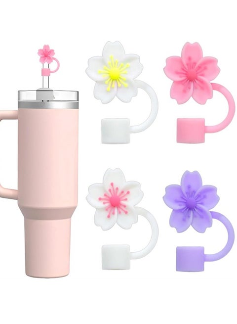 Silicone Straw Covers Cap Compatible with Stanley 30&40 Oz Cup, 4pcs Cute Flower Straw Toppers for Tumblers, 10mm Dust-Proof Drinking Straw Caps for Reusable Straws Tips Lids
