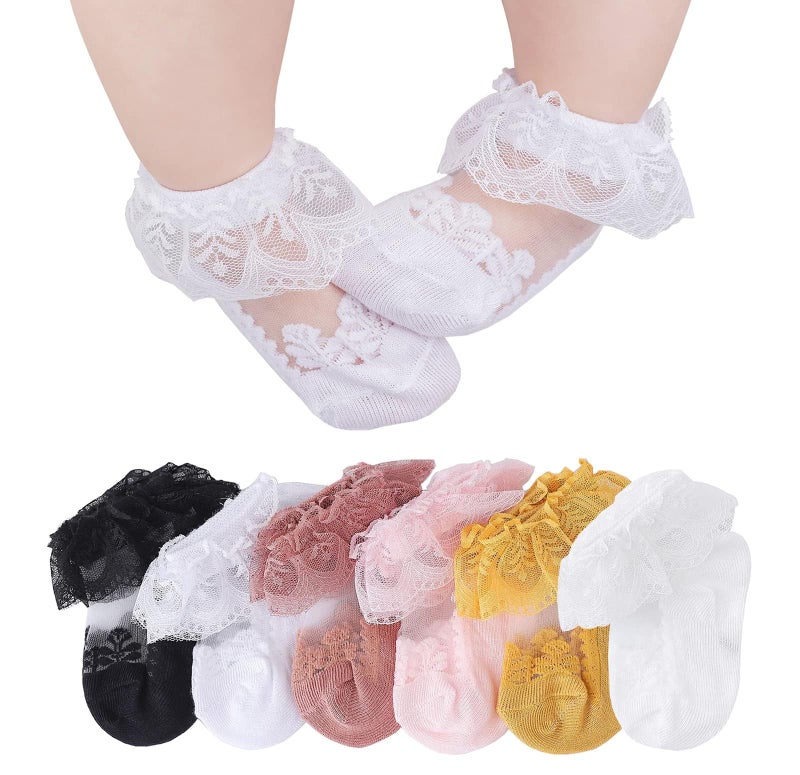 CHUNG Baby Toddler Girls Princess Cotton Frilly Socks Lace Ruffle Pack of 4/5/6 Thin Mesh Summer for Dress (3-12M, Crystal 6 pairs) - Image 1