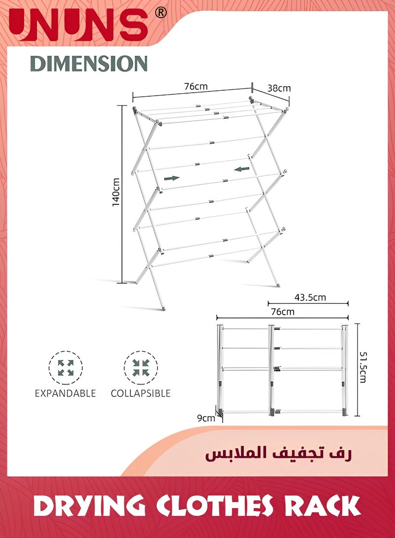 UNUNS Foldable Clothes Drying Rack,3-Tier Collapsible Clothing Dryer,Adjustable Towel Rack For Air Drying Clothing,Bed Linen,Clothing,Socks,Scarves,White - Image 2