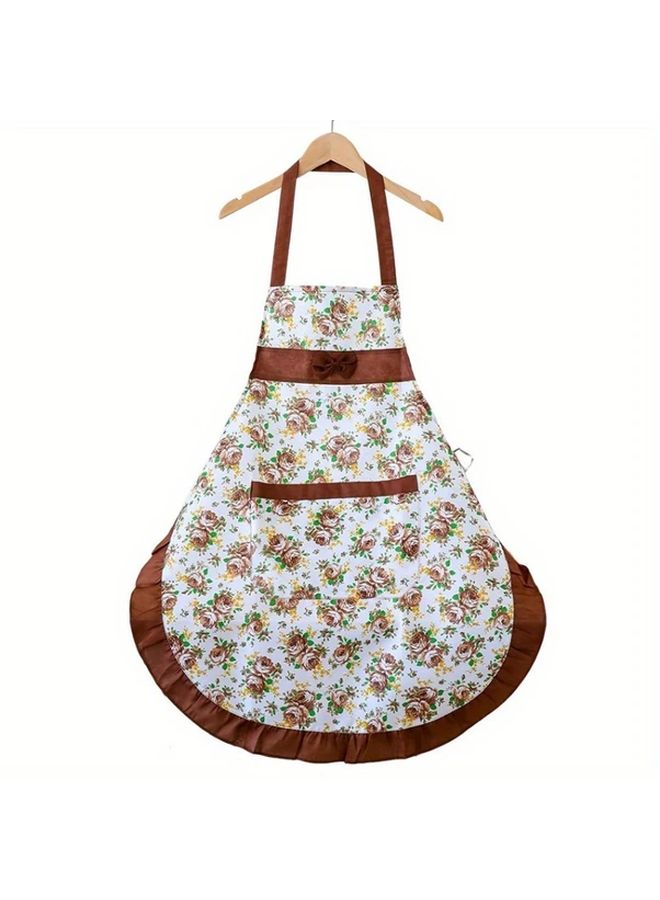 1pc Pink Floral Halter Apron For Women With Pockets Ruffle Trim Adjustable Neck Cooking Baking Gardening Painting Barista Use White Base Colorful Pattern Purple Accent - Image 5