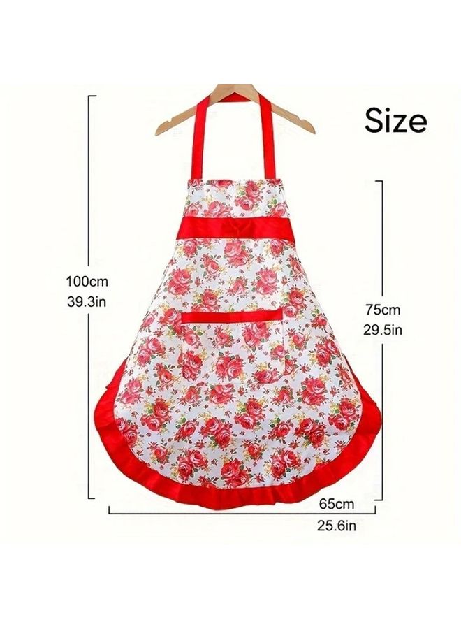 1pc Pink Floral Halter Apron For Women With Pockets Ruffle Trim Adjustable Neck Cooking Baking Gardening Painting Barista Use White Base Colorful Pattern Purple Accent - Image 3