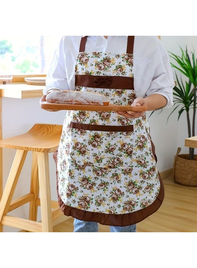 1pc Pink Floral Halter Apron For Women With Pockets Ruffle Trim Adjustable Neck Cooking Baking Gardening Painting Barista Use White Base Colorful Pattern Purple Accent - Image 2