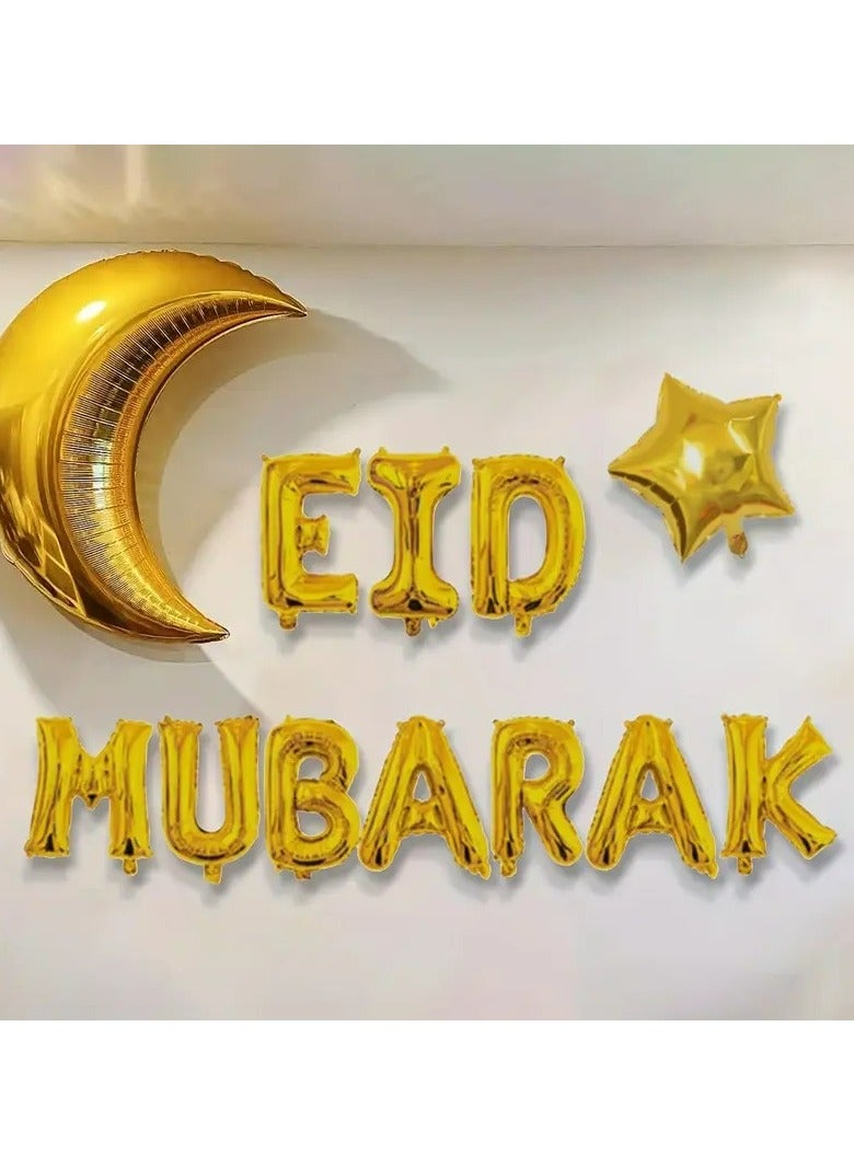 Kandid Eid Mubarak Gold Silver Foil Balloon Banner Set, 11 Pieces, Decorative Letters with Crescent Moon and Stars Design for Ramadan Festival (GOLD) - Image 1