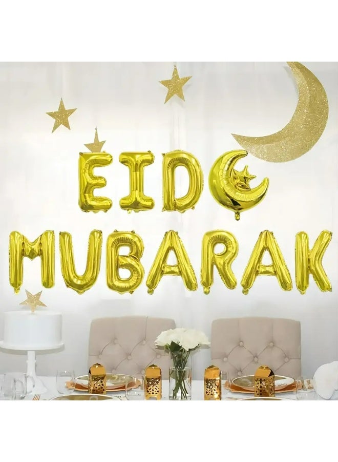 Kandid Eid Mubarak Gold Silver Foil Balloon Banner Set, 11 Pieces, Decorative Letters with Crescent Moon and Stars Design for Ramadan Festival (GOLD) - Image 5