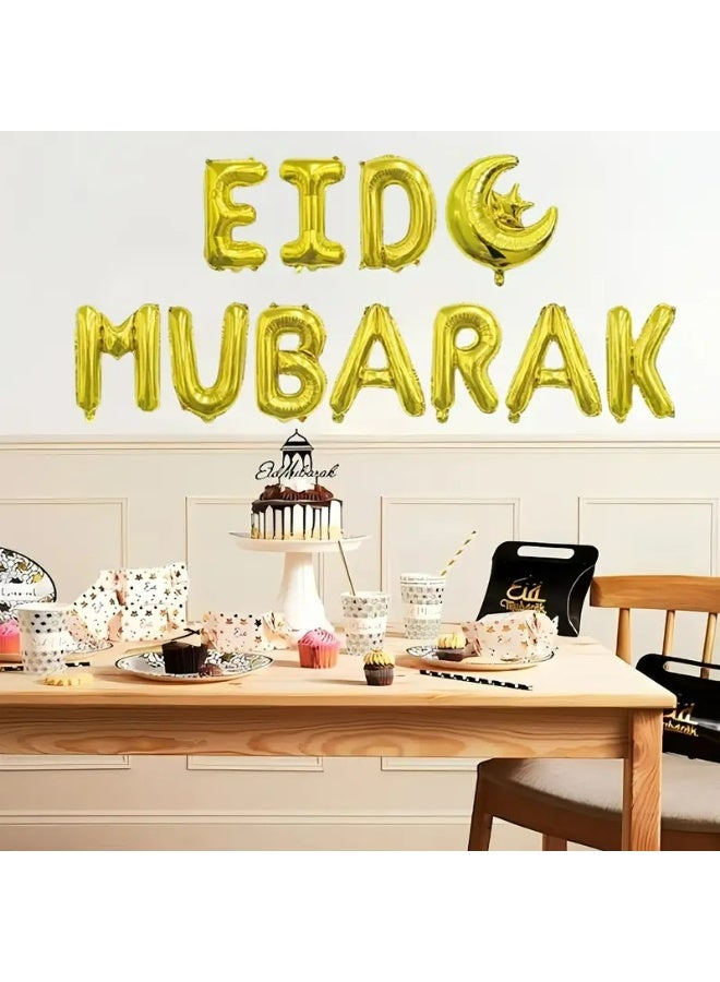 Kandid Eid Mubarak Gold Silver Foil Balloon Banner Set, 11 Pieces, Decorative Letters with Crescent Moon and Stars Design for Ramadan Festival (GOLD) - Image 4