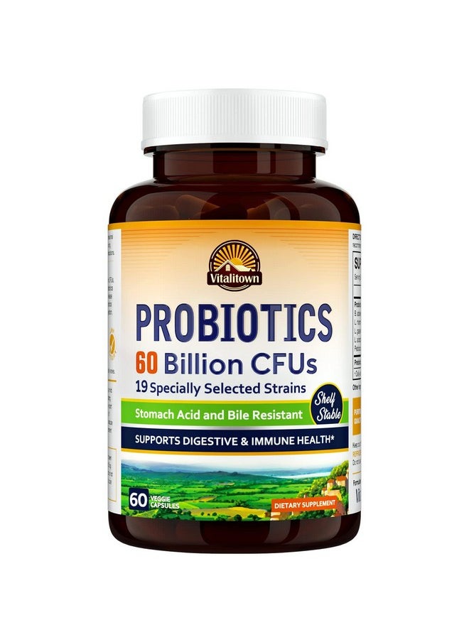 Vitalitown Probiotics + Prebiotics ; 60 Billion Cfus 19 Strains ; 60 Delayed Release Veg Caps ; Shelf Stable Stomach Acid & Bile Resistant ; Digestive & Immune Support ; Vegan Nongmo No Dairy  - Image 2