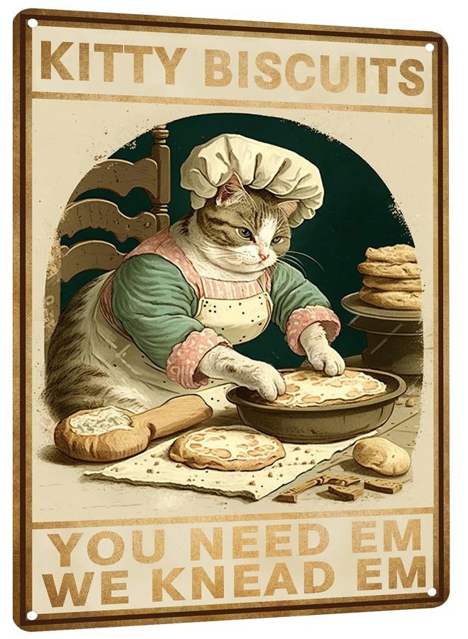 HYBLOM Cottagecore Decor - Cat Signs - Kitty Biscuits You Need Em We Knead Em Poster - Vintage Home Wall Art Metal Tin Sign 12x8 Inches - Image 1
