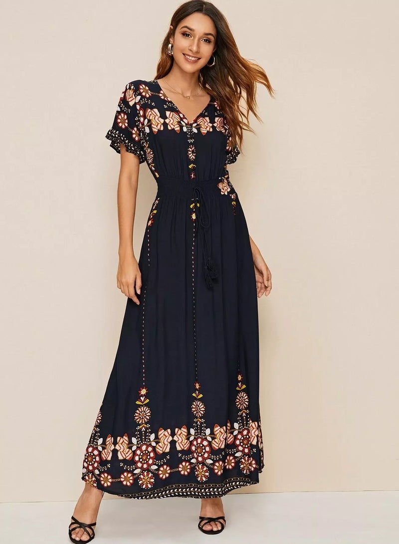 Floral Print Fringe Tie Waist Slit Hem Dress  - Image 1