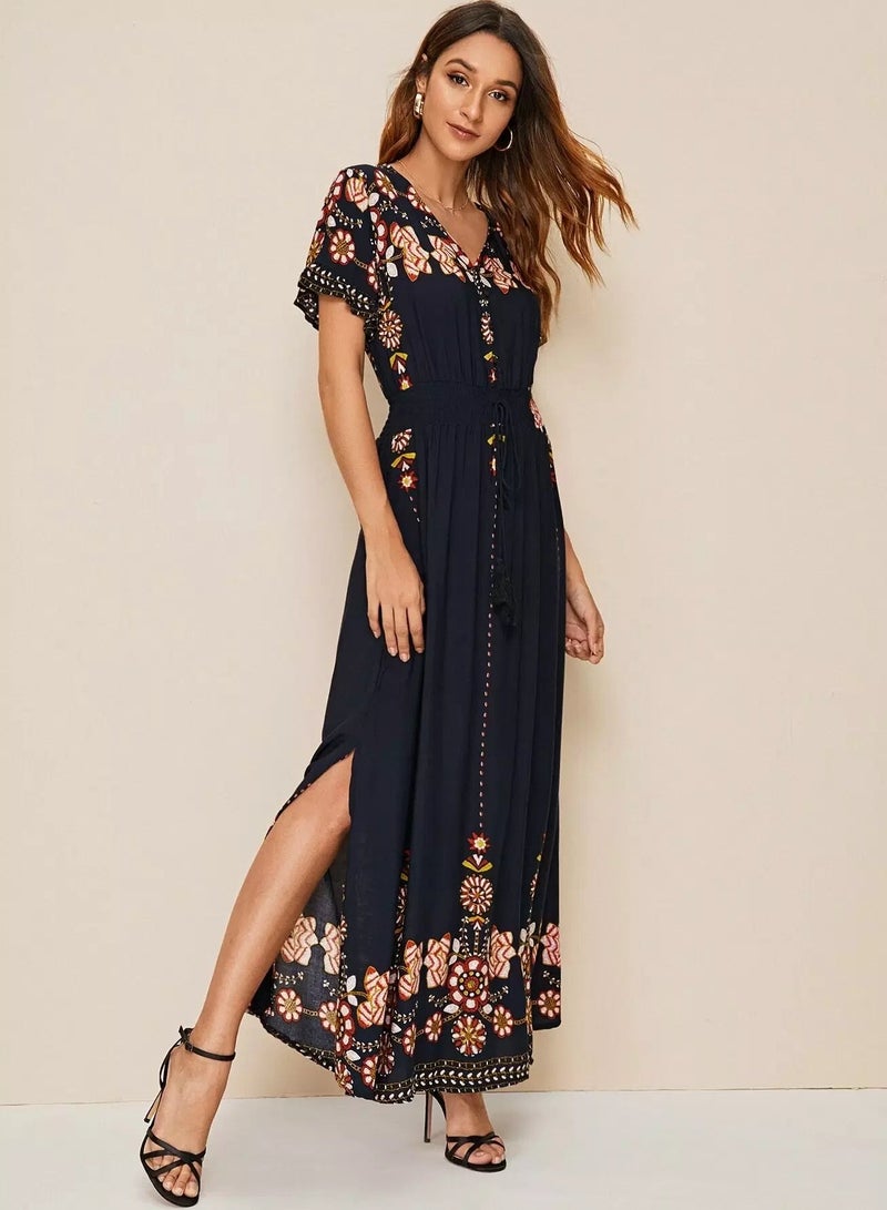Floral Print Fringe Tie Waist Slit Hem Dress  - Image 3