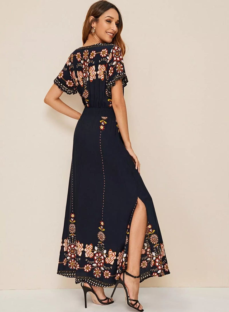 Floral Print Fringe Tie Waist Slit Hem Dress  - Image 2