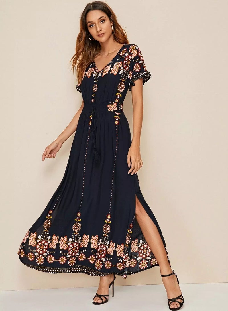 Floral Print Fringe Tie Waist Slit Hem Dress  - Image 4