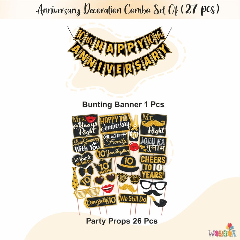 Wobbox 10th Anniversary Photo Booth Party Props DIY Kit with 10th Anniversary Bunting Banner, Golden Gliter & Black, Anniversary Party Decoration - Image 2