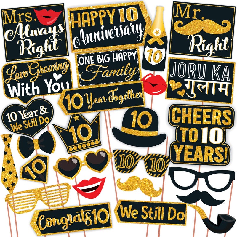 Wobbox 10th Anniversary Photo Booth Party Props DIY Kit with 10th Anniversary Bunting Banner, Golden Gliter & Black, Anniversary Party Decoration - Image 5