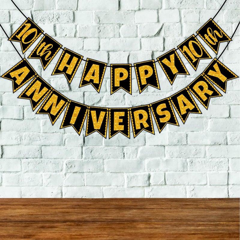 Wobbox 10th Anniversary Photo Booth Party Props DIY Kit with 10th Anniversary Bunting Banner, Golden Gliter & Black, Anniversary Party Decoration - Image 4