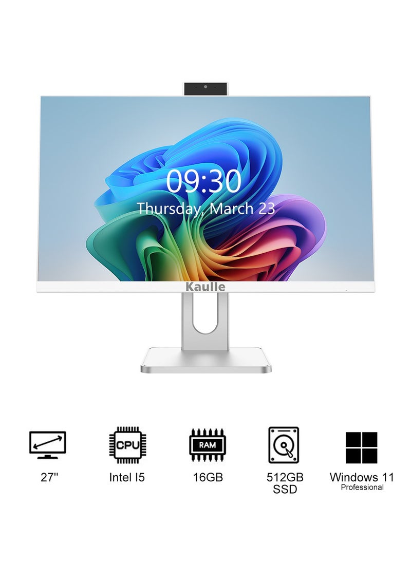Kaulle - 27 Inch All In One Desktop Computer, Intel Core i5-12500H, Windows 11 Pro, 16GB RAM, 512GB SSD, 5G Wi-Fi, Bluetooth 4.2, All In One PC With Keyboard And Mouse White DK270FB - Image 1