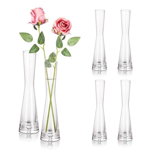 Hewory Glass Bud Vases for Centerpieces Set of 6, Handmade Modern Clear Small Skinny Decorative Single Flower Vase, Minimalist Slim Floral Vase for Home Wedding Party Events Table Decor, 7.87" - Image 1