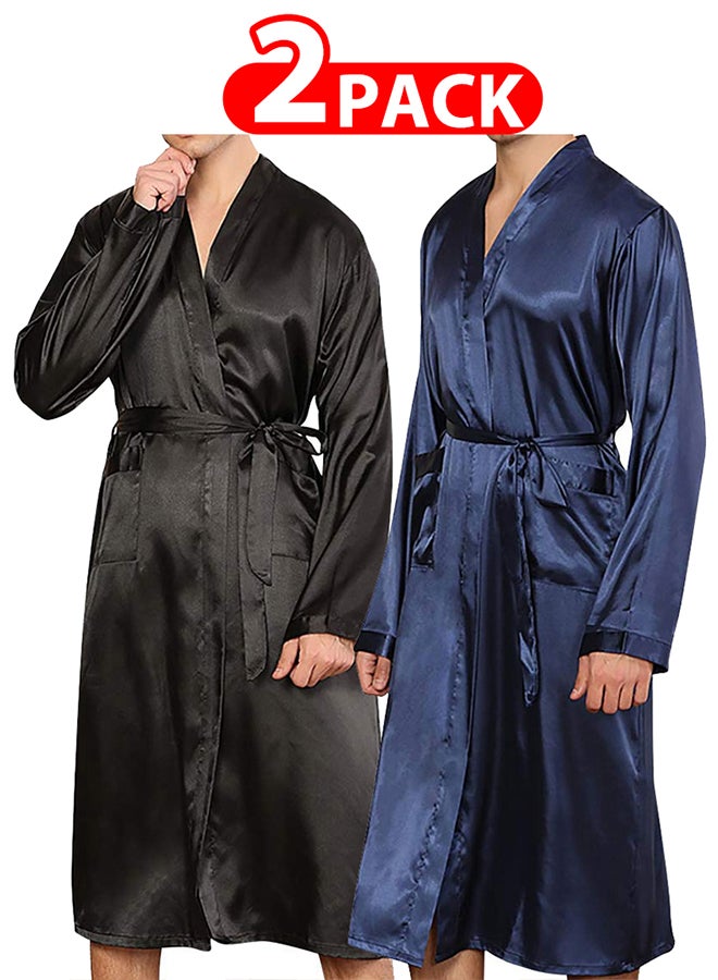 MARGOUN 2 Pack Men's Large Size Dressing Gown Kimono Robe Lightweight Silk Long Sleeved Home Sleepwear Loungewear /(Length 47''/Chest 25'') - Image 1