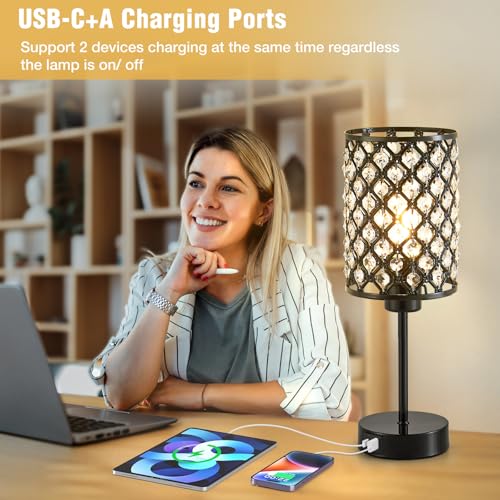 GyroVu Crystal Table Lamp, Black Lamp for Bedroom Nightstand with USB C+A Ports, Dimmable Touch Lamp with Crystal Shade, Bedside Lamp Small Lamp for Bedroom, Living Room, Office (Buld Included) - Image 4