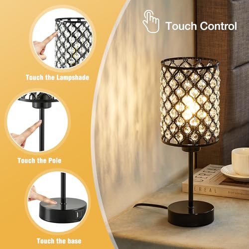 GyroVu Crystal Table Lamp, Black Lamp for Bedroom Nightstand with USB C+A Ports, Dimmable Touch Lamp with Crystal Shade, Bedside Lamp Small Lamp for Bedroom, Living Room, Office (Buld Included) - Image 5