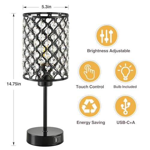 GyroVu Crystal Table Lamp, Black Lamp for Bedroom Nightstand with USB C+A Ports, Dimmable Touch Lamp with Crystal Shade, Bedside Lamp Small Lamp for Bedroom, Living Room, Office (Buld Included) - Image 2
