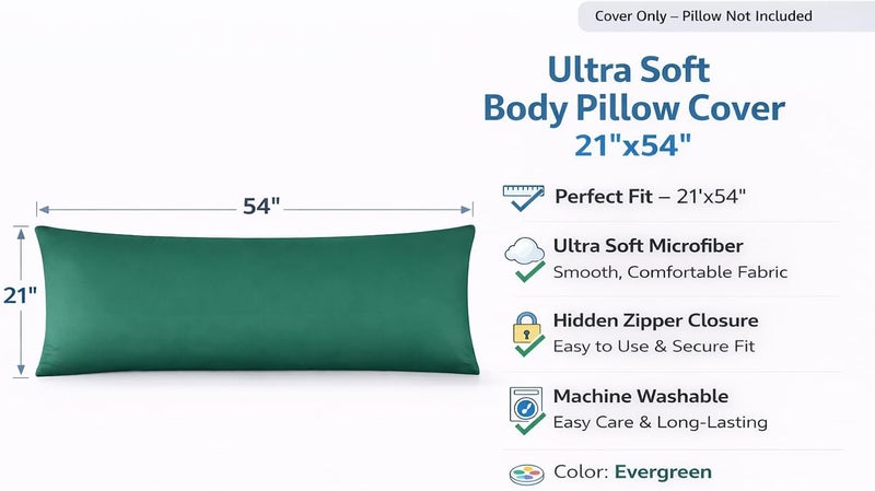 EVOLIVE Ultra Soft Microfiber Body Pillow Cover/Pillowcases 21"x54" with Hidden Zipper Closure (21"x54" Body Pillow Cover, Evergreen) - Image 2