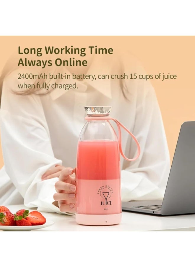Portable Blender 500ml Personal Smoothie Maker – 6-Blade USB Rechargeable Mini Juicer Cup with Travel Lid for Gym, Office & Outdoor Use (Pink) - Image 5