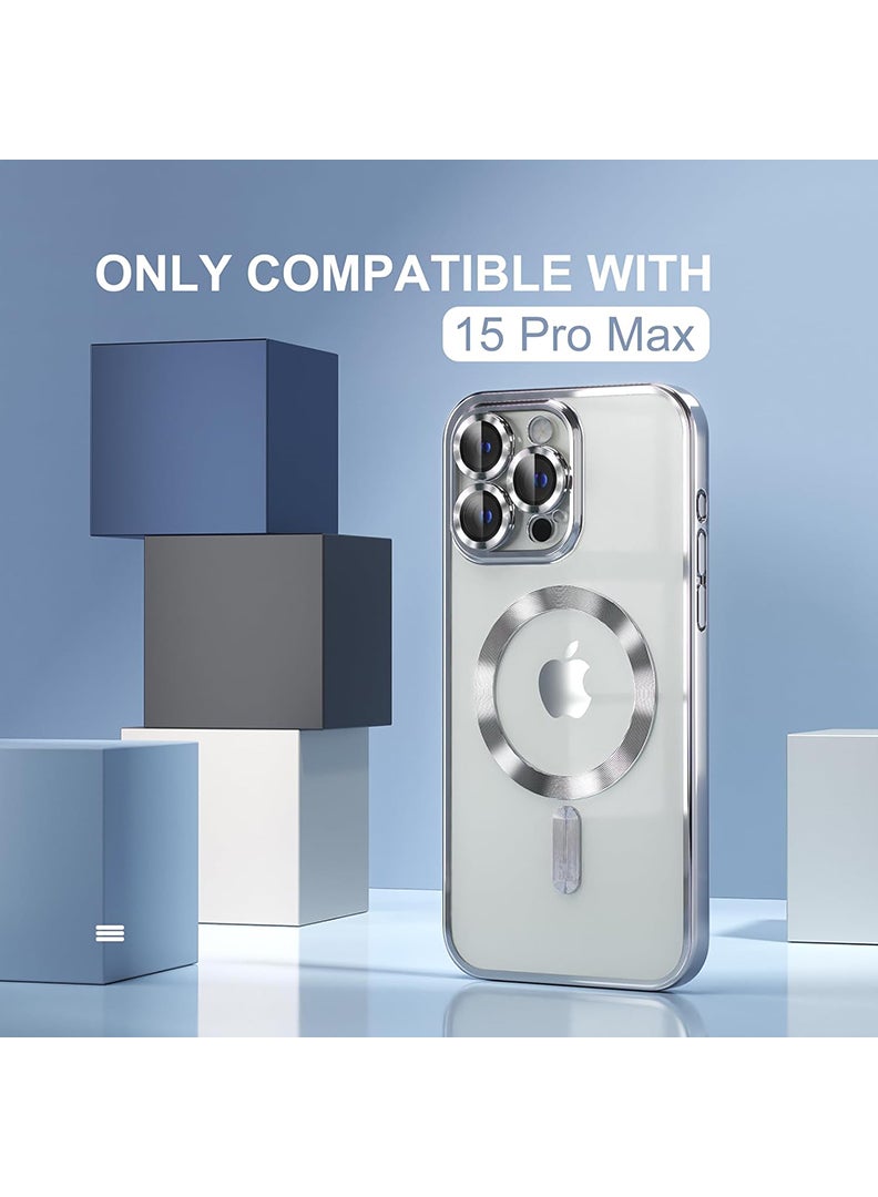 Theodor Magnetic Case for iPhone 15 Pro Max with MagSafe Never Yellowing Military Grade Drop Protection Full Camera Lens Protector Plating Soft Clear Phone Case 6.7 inch - Silver - Image 2