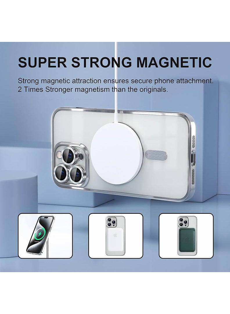 Theodor Magnetic Case for iPhone 15 Pro Max with MagSafe Never Yellowing Military Grade Drop Protection Full Camera Lens Protector Plating Soft Clear Phone Case 6.7 inch - Silver - Image 5
