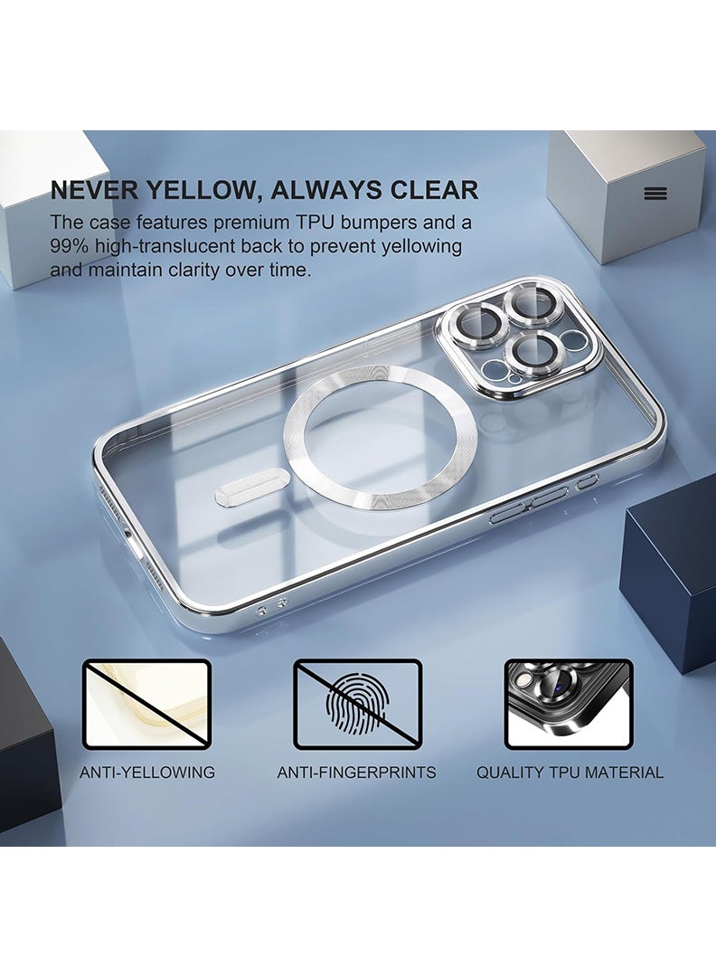 Theodor Magnetic Case for iPhone 15 Pro Max with MagSafe Never Yellowing Military Grade Drop Protection Full Camera Lens Protector Plating Soft Clear Phone Case 6.7 inch - Silver - Image 3