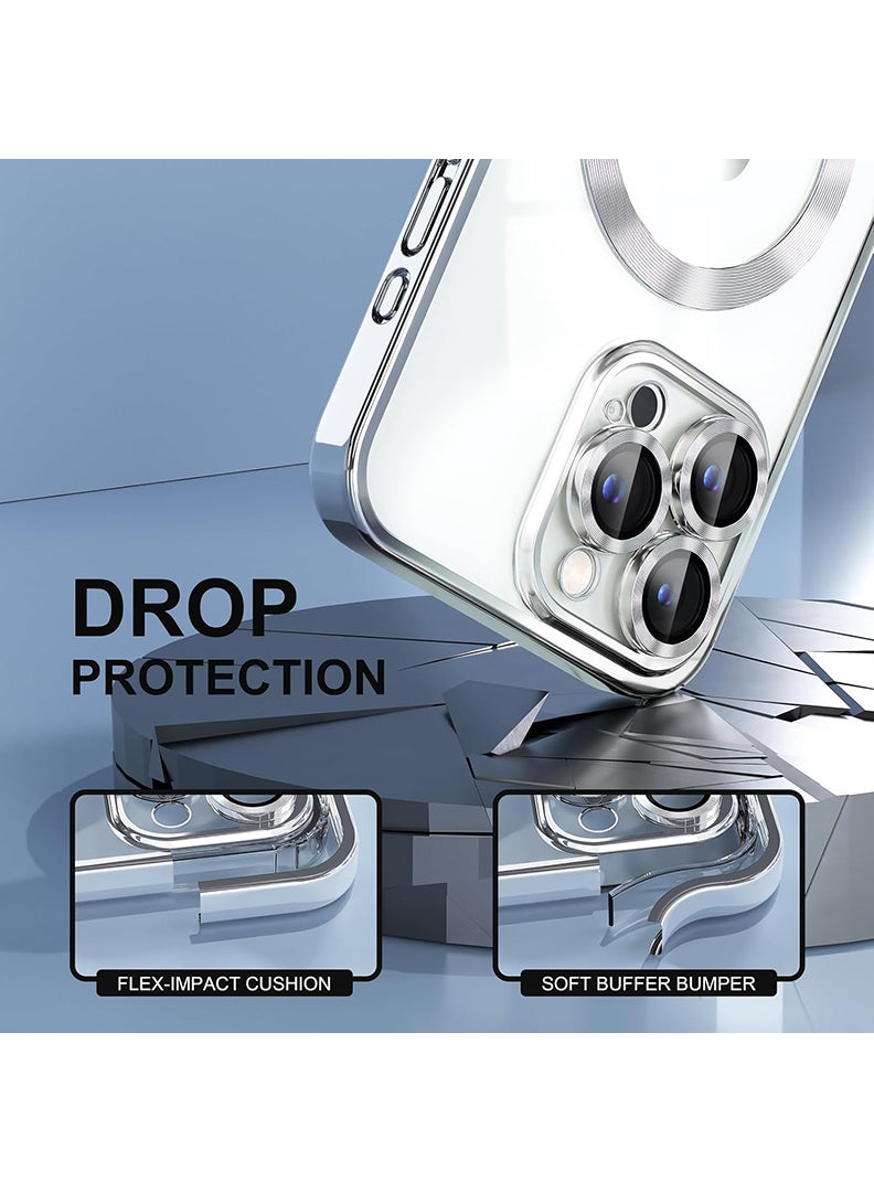 Theodor Magnetic Case for iPhone 15 Pro Max with MagSafe Never Yellowing Military Grade Drop Protection Full Camera Lens Protector Plating Soft Clear Phone Case 6.7 inch - Silver - Image 4
