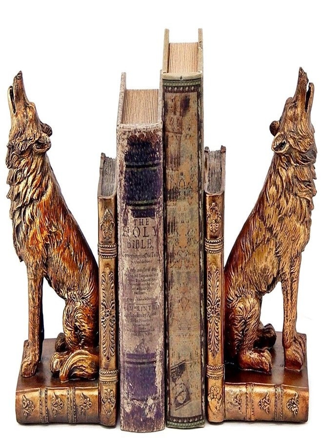 Bellaa Viking Wolf Bookends Set of 2 - Non-Slip Heavy Duty Book Stoppers, Rustic Cabin Decor for Office & Home Howling Wolves Animal 26362 - Image 3
