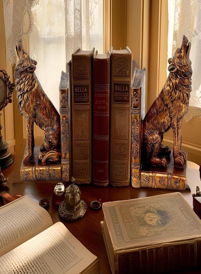 Bellaa Viking Wolf Bookends Set of 2 - Non-Slip Heavy Duty Book Stoppers, Rustic Cabin Decor for Office & Home Howling Wolves Animal 26362 - Image 2