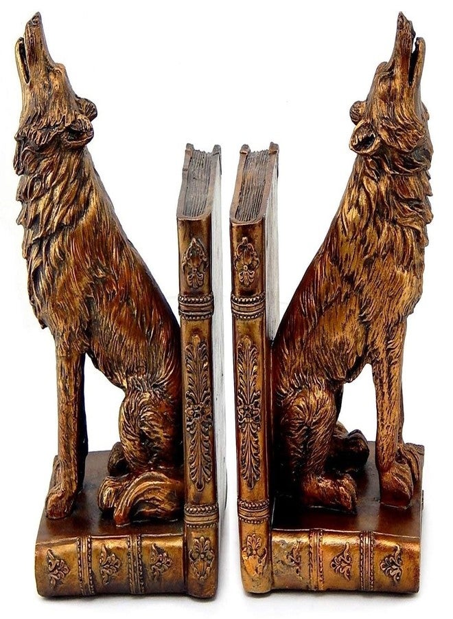 Bellaa Viking Wolf Bookends Set of 2 - Non-Slip Heavy Duty Book Stoppers, Rustic Cabin Decor for Office & Home Howling Wolves Animal 26362 - Image 1