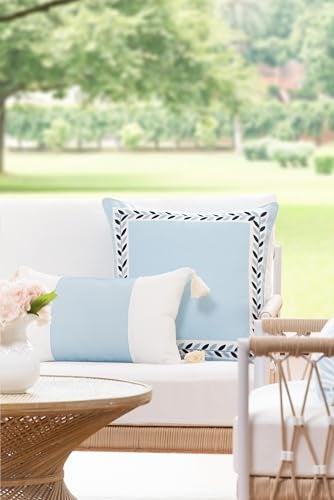 Hofdeco Premium Coastal Patio Indoor Outdoor Throw Pillow Cover Only 20x20 Water Repellent for Backyard Couch Baby Blue Embroidered Frame Leafs with Piping - Image 3