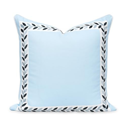 Hofdeco Premium Coastal Patio Indoor Outdoor Throw Pillow Cover Only 20x20 Water Repellent for Backyard Couch Baby Blue Embroidered Frame Leafs with Piping - Image 1