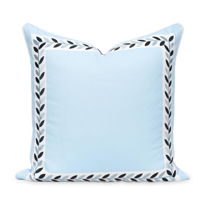 Hofdeco Premium Coastal Patio Indoor Outdoor Throw Pillow Cover Only 20x20 Water Repellent for Backyard Couch Baby Blue Embroidered Frame Leafs with Piping - Image 2