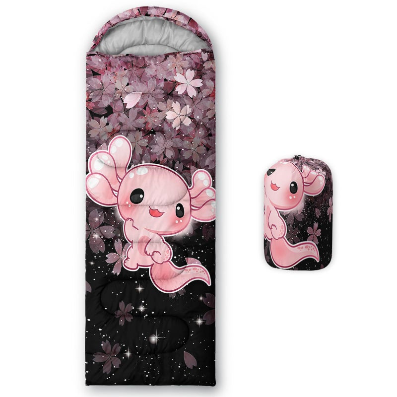 QOOMO Axolotl Cherry Blossom Printed Camping Sleeping Bags,3 Season Warm & Cool Weather,Lightweight,Waterproof Sleeping Bags for Adults & Kids,Traveling,and Outdoors,Camping Gear Equipment,31x90inch - Image 1