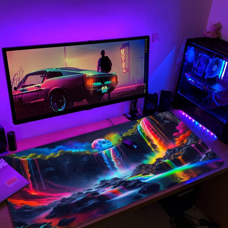 Simpkeely Large Fantasy Waterfall Gaming Mouse Pad - Blacklight Waterproof Glowing Desk Mat, 31.5" x 11.8" Extended Non-Slip Rubber Base for Office & Home - Image 2