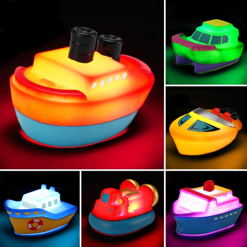 Yeonhatoys Bath Toys, 6 Packs Light up Boat Floating Rubber Set, Flashing Color Changing Light in Water, Tub Gift for Baby Infant Toddler Child Kid, Bathtub Ship Toy for Bathroom Shower Game Swimming Pool Party - Image 1