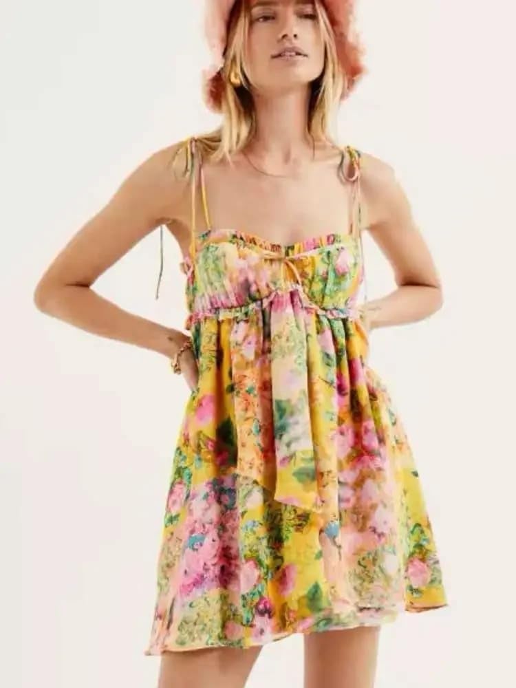 Dynict Summer Floral Boho Dresses for Women 2024 Spaghetti Straps Beach Dress Ruffle Sexy Mini Dress (Yellow,Small) - Image 2