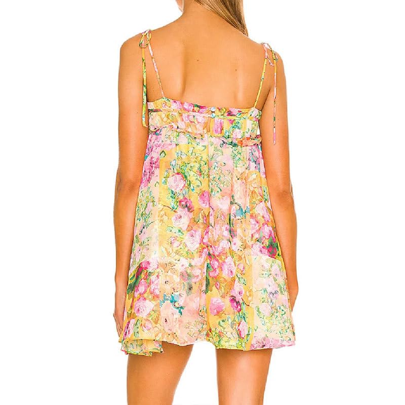 Dynict Summer Floral Boho Dresses for Women 2024 Spaghetti Straps Beach Dress Ruffle Sexy Mini Dress (Yellow,Small) - Image 4