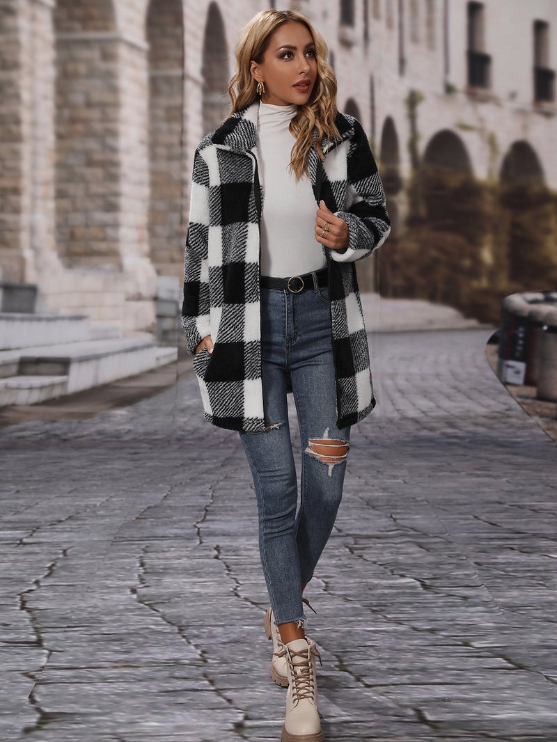 Fleece Lining Plaid Long Sleeve Zip Up Casual Long Coat - Image 3